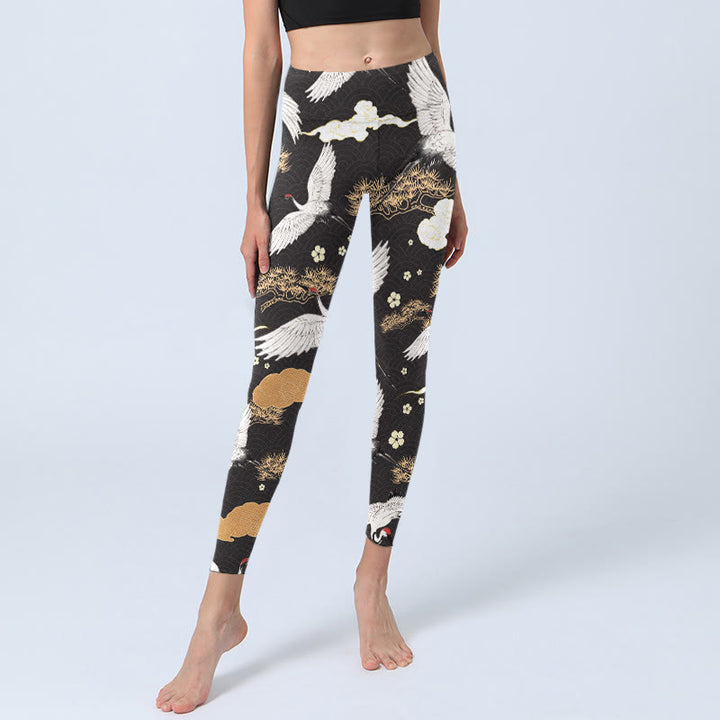 Buddha Stones White Red-crowned Cranes Golden Pine Trees Print Gym Leggings Women's Yoga Pants - image 5