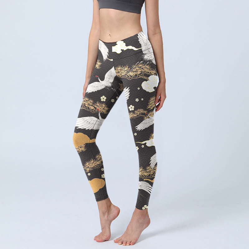 Buddha Stones White Red-crowned Cranes Golden Pine Trees Print Gym Leggings Women's Yoga Pants - Black - US18，UK/AU22，EU50 (4XL) - image 0