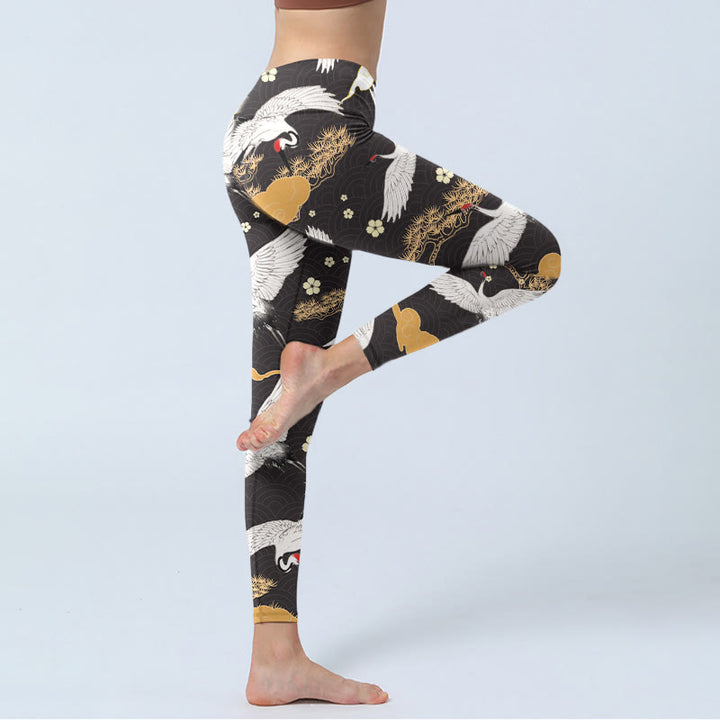 Buddha Stones White Red-crowned Cranes Golden Pine Trees Print Gym Leggings Women's Yoga Pants - image 3
