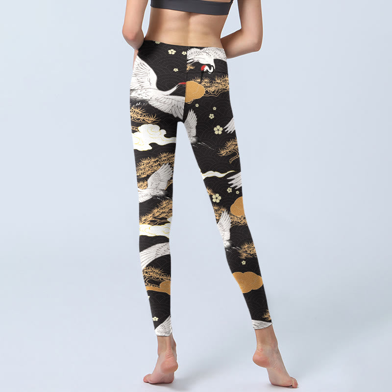 Buddha Stones White Red-crowned Cranes Golden Pine Trees Print Gym Leggings Women's Yoga Pants - image 6