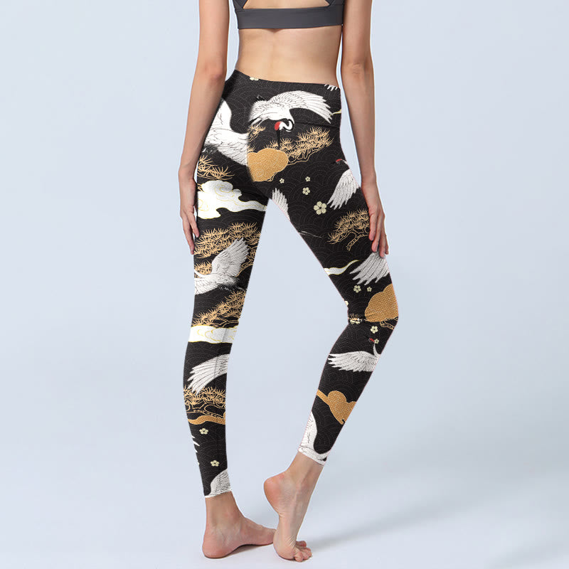 Buddha Stones White Red-crowned Cranes Golden Pine Trees Print Gym Leggings Women's Yoga Pants - image 4