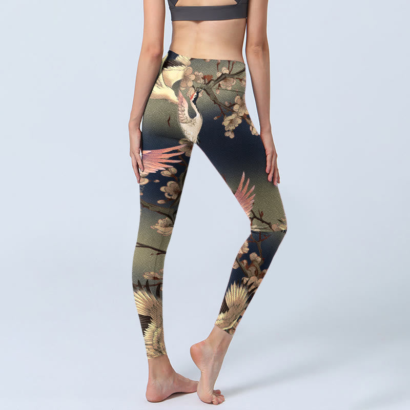 Buddha Stones White Crane White Blossoming Branch Print Gym Leggings Women's Yoga Pants - image 4