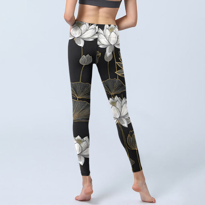 Buddha Stones White Golden Lotus Leaves Print Gym Leggings Women's Yoga Pants - image 6