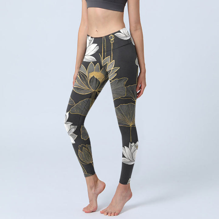 Buddha Stones White Golden Lotus Leaves Print Gym Leggings Women's Yoga Pants - Black - US18，UK/AU22，EU50 (4XL) - image 0