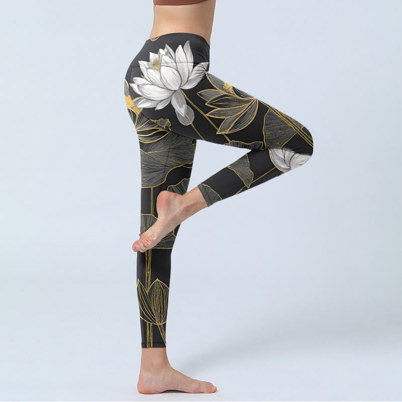 Buddha Stones White Golden Lotus Leaves Print Gym Leggings Women's Yoga Pants - image 3