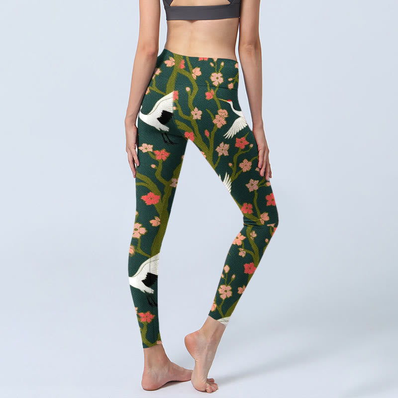 Buddha Stones White Red-crowned Cranes Red Orange Flower Trees Print Gym Leggings Women's Yoga Pants - image 4