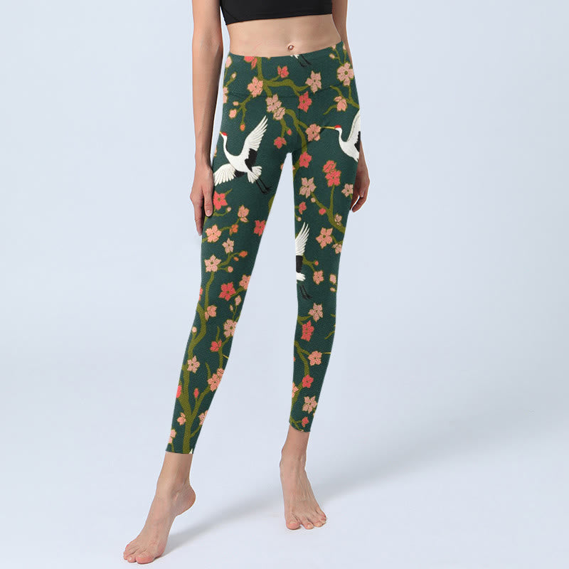 Buddha Stones White Red-crowned Cranes Red Orange Flower Trees Print Gym Leggings Women's Yoga Pants - image 5