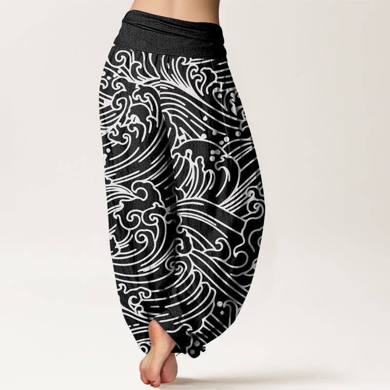 Buddha Stones Rough Waves Pattern Women's Elastic Waist Harem Pants - image 1