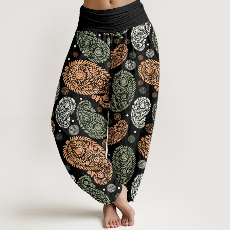 Buddha Stones Cotton Cashew Flower Leaf Vines Sunflowers Pattern Women's Elastic Waist Harem Pants - Black - US22，UK/AU26，EU54 (6XL) - image 0