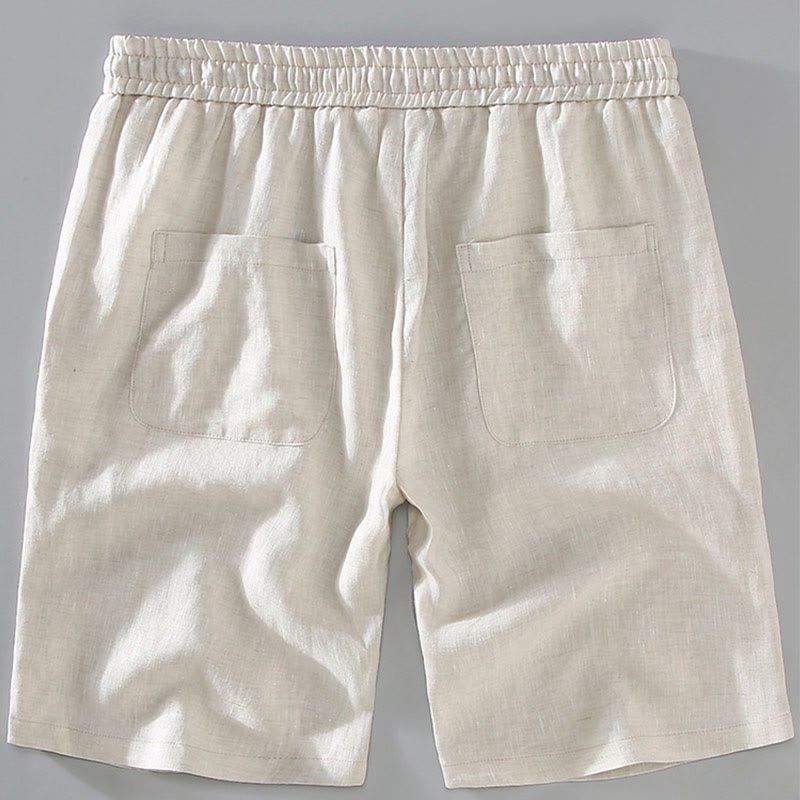 Buddha Stones Summer Solid Color Drawstring Button Design Men's Linen Shorts With Pockets - image 3