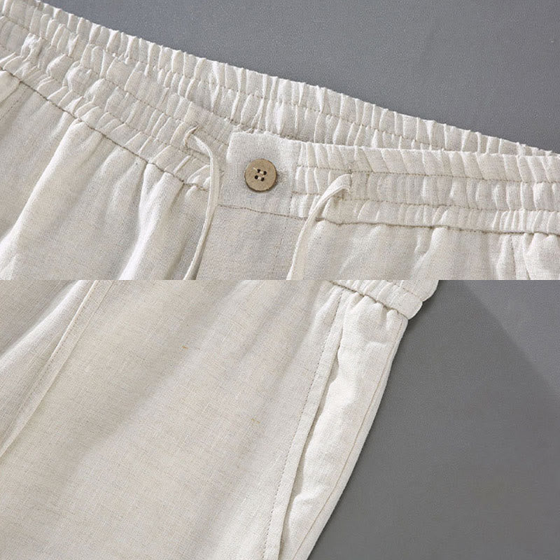 Buddha Stones Summer Solid Color Drawstring Button Design Men's Linen Shorts With Pockets - image 8