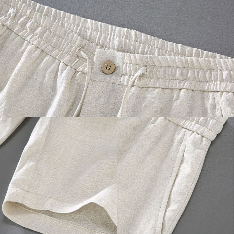 Buddha Stones Summer Solid Color Drawstring Button Design Men's Linen Shorts With Pockets - image 6