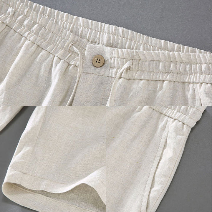 Buddha Stones Summer Solid Color Drawstring Button Design Men's Linen Shorts With Pockets - image 6