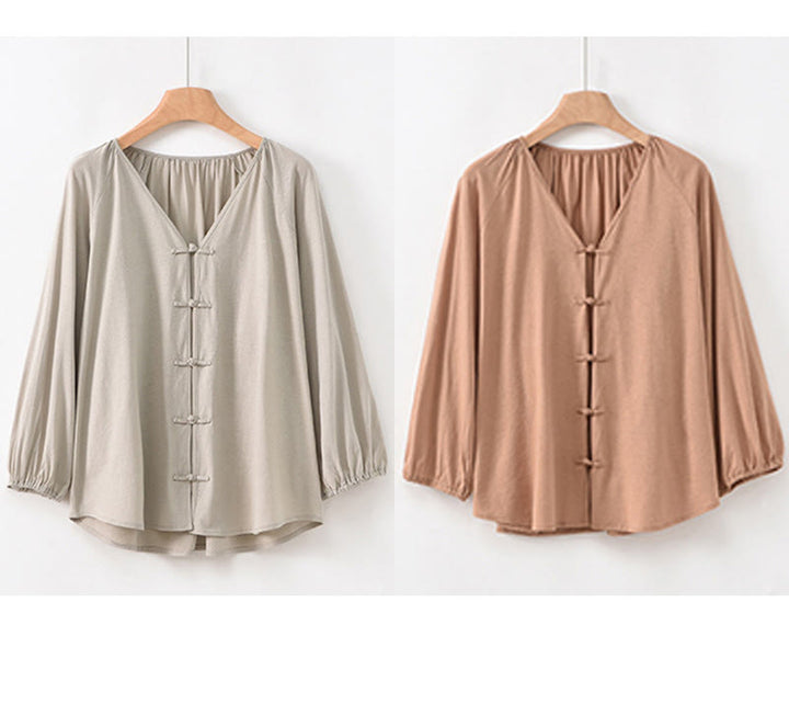 Buddha Stones Summer Pure Color Chinese Frog-Button V-Neck Cotton Linen Women's Long Sleeve Shirt - image 23