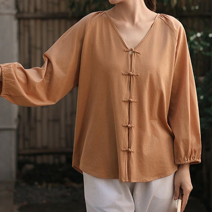 Buddha Stones Summer Pure Color Chinese Frog-Button V-Neck Cotton Linen Women's Long Sleeve Shirt - Chocolate - US12，UK/AU16，EU44 (2XL) - image 0