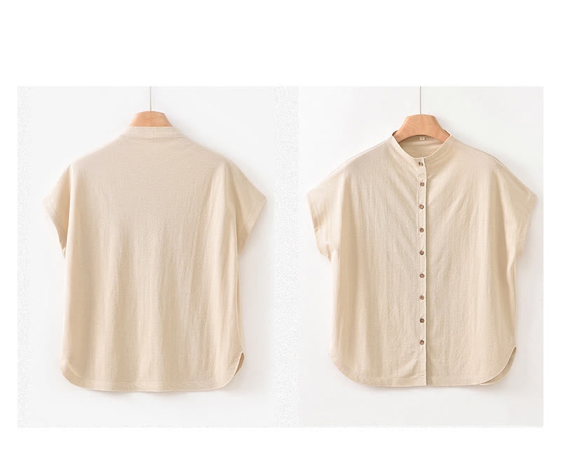 Buddha Stones Vintage Buttons Design Stand Collar Cotton Short Sleeve Women's Shirt - image 20