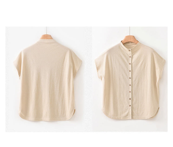Buddha Stones Vintage Buttons Design Stand Collar Cotton Short Sleeve Women's Shirt - image 20