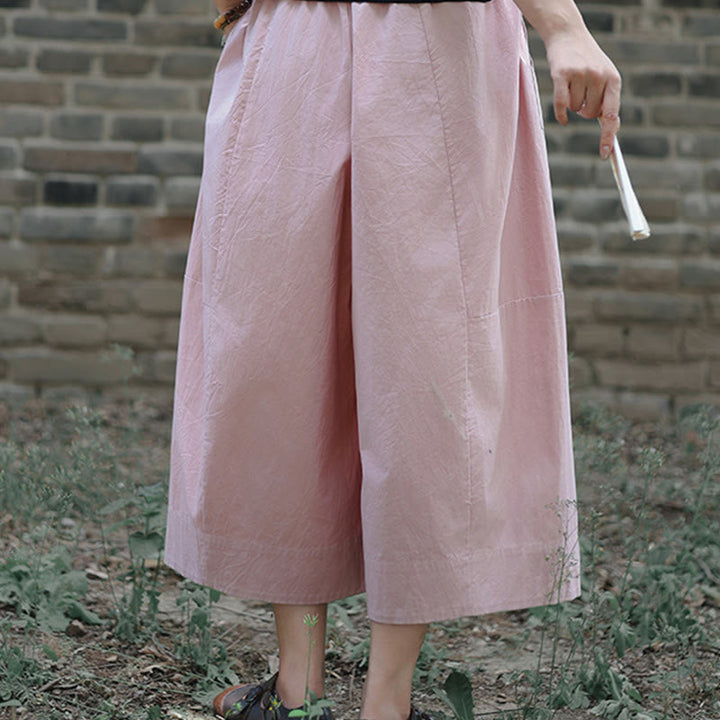 Buddha Stones Casual Plain Cotton High Waist Women's Wide Leg Capri Cropped Pants With Pockets - image 12