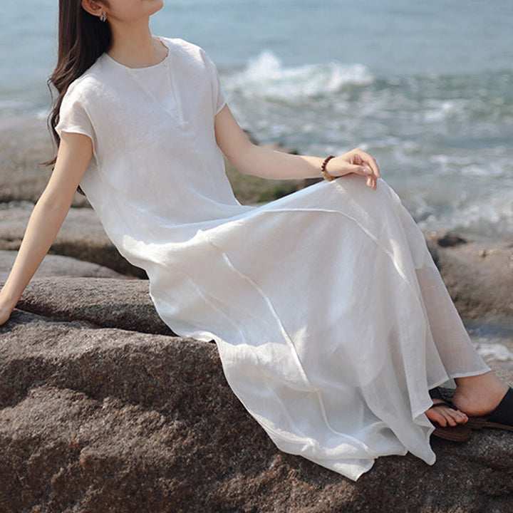 Buddha Stones Plain Irregular Hem Short Sleeve Cotton Linen Maxi Dress - White - US8-10，UK/AU12-14，EU40-42 (2XL) - image 12