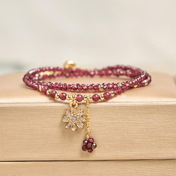 Buddha Stones Natural 2.5mm Garnet Beads Flower Purification Multilayer Bracelet - Garnet(Wrist Circumference: 15-21cm) - image 0