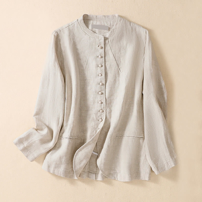 Buddha Stones Women's Stand Collar Long Sleeve Shirt With Pockets - Beige - US8-10，UK/AU12-14，EU40-42 (2XL) - image 0