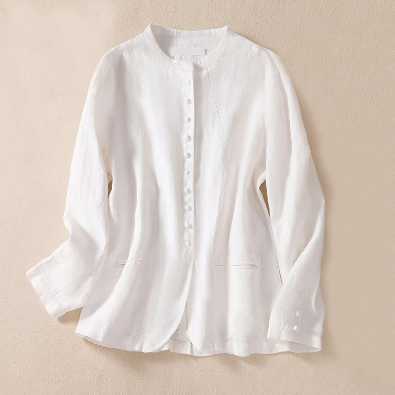 Buddha Stones Women's Cotton Linen Stand Collar Long Sleeve Shirt With Pockets - White - US8-10，UK/AU12-14，EU40-42 (2XL) - image 13