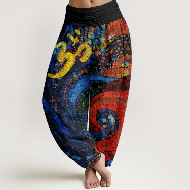 Buddha Stones Cotton Casual Golden Om Symbol Mosaic Pattern Women's Elastic Waist Harem Pants - Black - US22，UK/AU26，EU54 (6XL) - image 0
