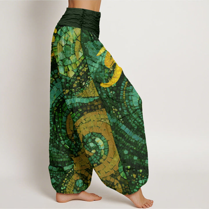 Buddha Stones Casual Golden Om Symbol Mosaic Pattern Women's Elastic Waist Harem Pants - image 9