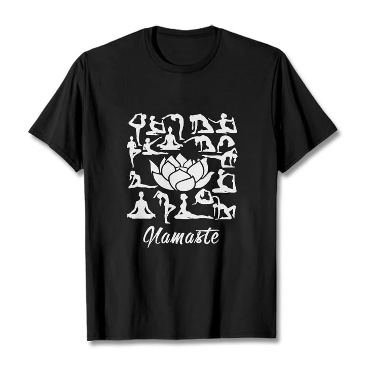 Buddha Stones Casual Lotus Flower Various Yoga Poses Pattern Tee T-shirt - Black - 2XL - image 3