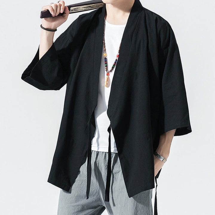 Buddha Stones Tang Suit Open Front Jacket Cotton Linen Men's Three Quarter Sleeve Kimono - image 12