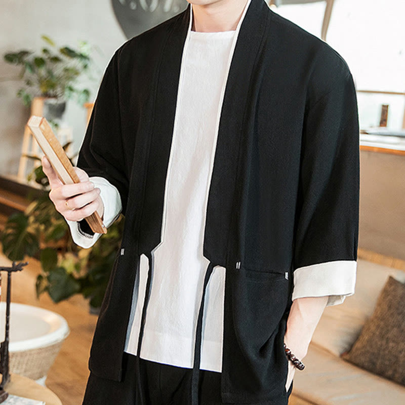 Buddha Stones Lace-Up Design Jacket Cotton Linen Men's Three Quarter Sleeve Kimono With Pockets - image 13