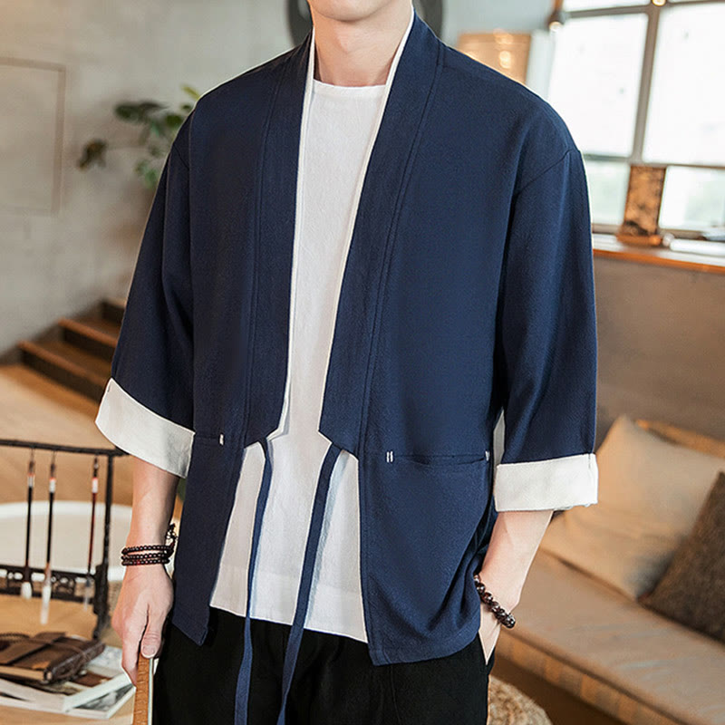 Buddha Stones Lace-Up Design Jacket Cotton Linen Men's Three Quarter Sleeve Kimono With Pockets - image 2