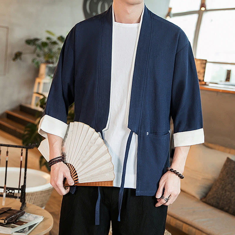 Buddha Stones Lace-Up Design Jacket Cotton Linen Men's Three Quarter Sleeve Kimono With Pockets - image 6