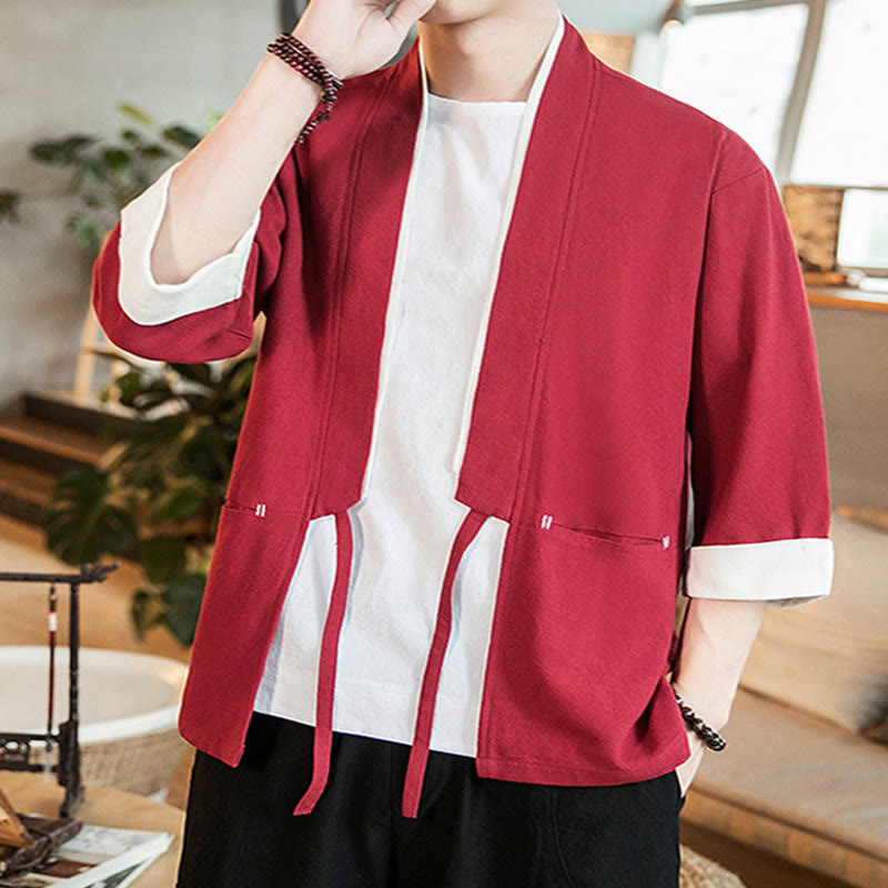 Buddha Stones Lace-Up Design Jacket Cotton Linen Men's Three Quarter Sleeve Kimono With Pockets - image 22
