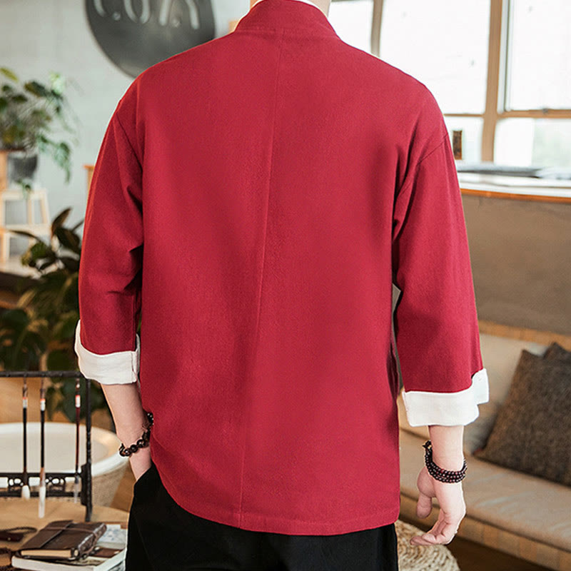 Buddha Stones Lace-Up Design Jacket Cotton Linen Men's Three Quarter Sleeve Kimono With Pockets - image 25