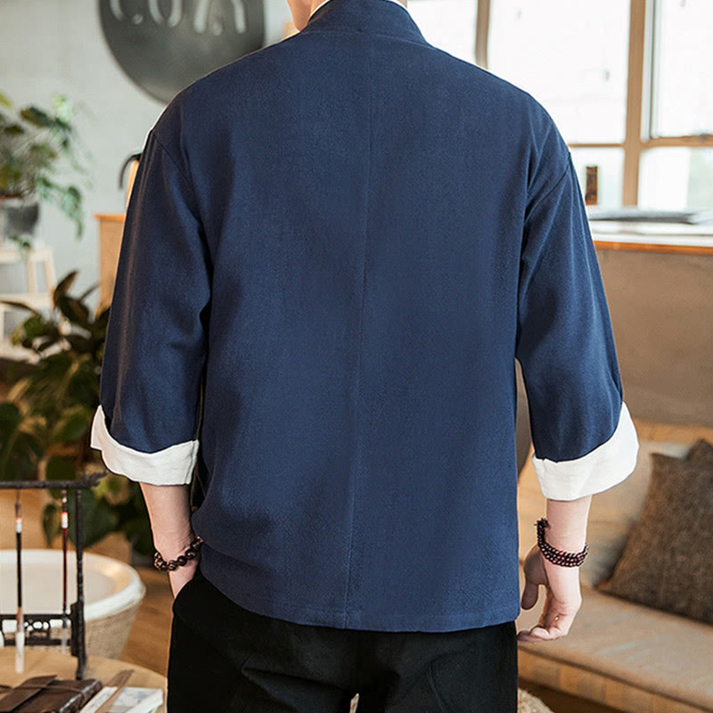 Buddha Stones Lace-Up Design Jacket Cotton Linen Men's Three Quarter Sleeve Kimono With Pockets - image 3