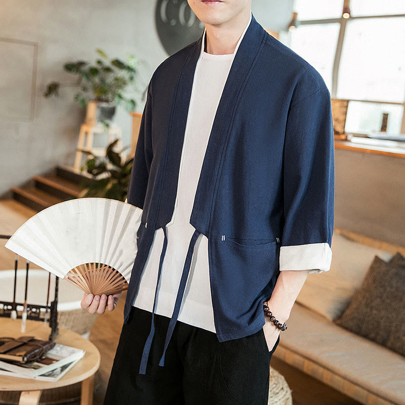 Buddha Stones Lace-Up Design Jacket Cotton Linen Men's Three Quarter Sleeve Kimono With Pockets - image 7
