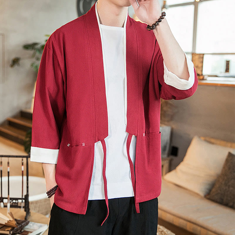 Buddha Stones Lace-Up Design Jacket Cotton Linen Men's Three Quarter Sleeve Kimono With Pockets - image 23