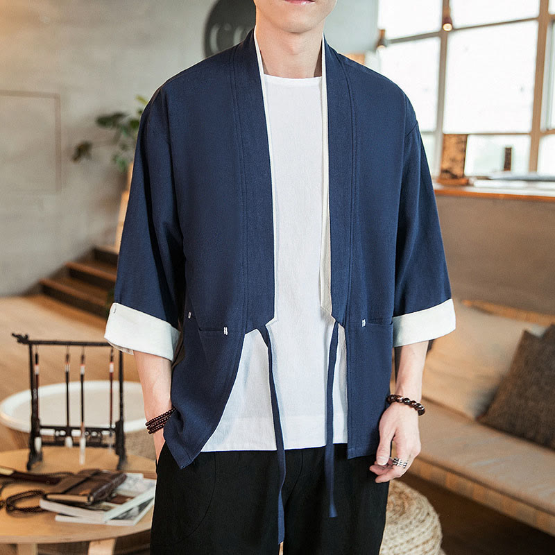 Buddha Stones Lace-Up Design Jacket Cotton Linen Men's Three Quarter Sleeve Kimono With Pockets - DarkBlue - US/UK/AU46，EU56 (5XL) - image 0