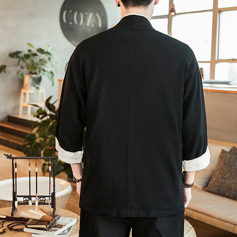 Buddha Stones Lace-Up Design Jacket Cotton Linen Men's Three Quarter Sleeve Kimono With Pockets - image 11