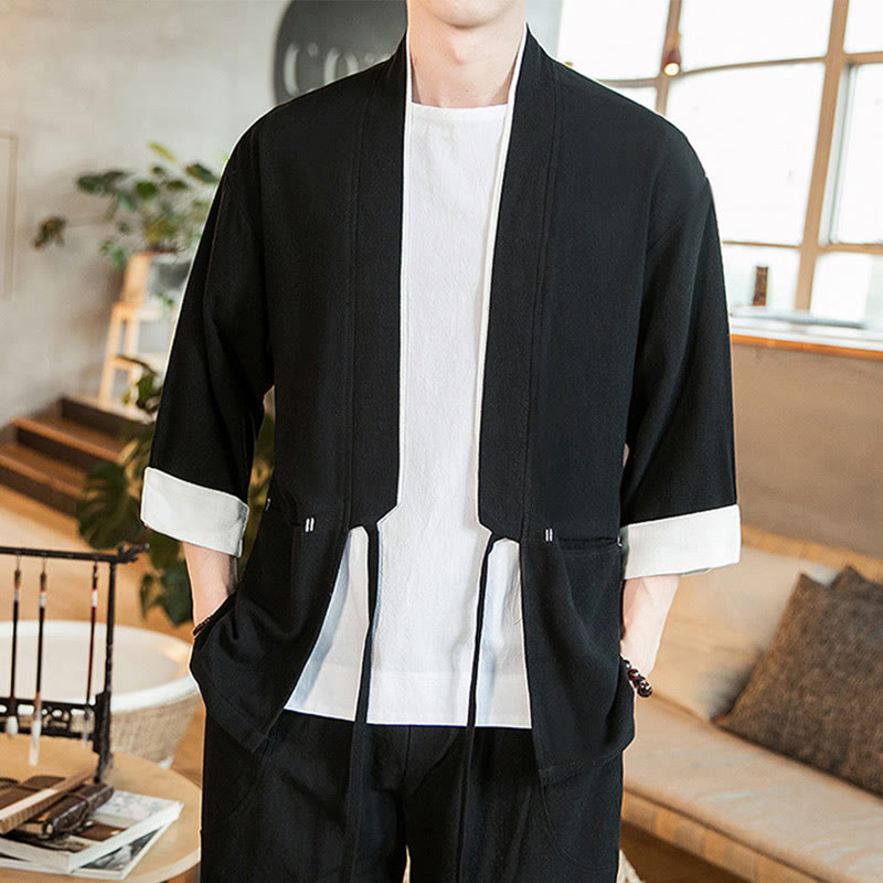 Buddha Stones Lace-Up Design Jacket Cotton Linen Men's Three Quarter Sleeve Kimono With Pockets - image 10