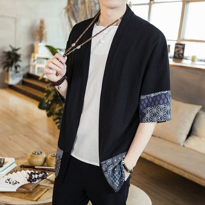Buddha Stones Ethnic Printing Patchwork Half Sleeve Open Front Jacket Cotton Linen Men's Kimono - image 1