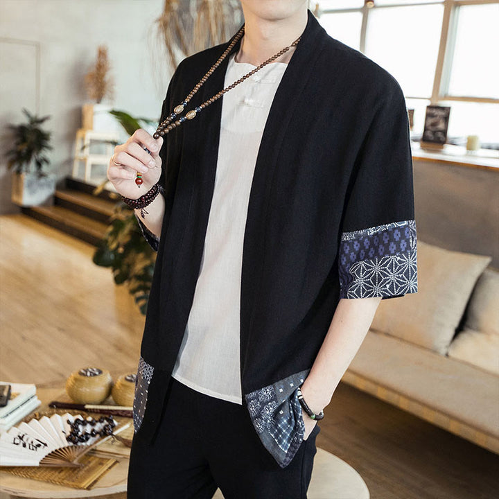 Buddha Stones Ethnic Printing Patchwork Half Sleeve Open Front Jacket Cotton Linen Men's Kimono - image 1