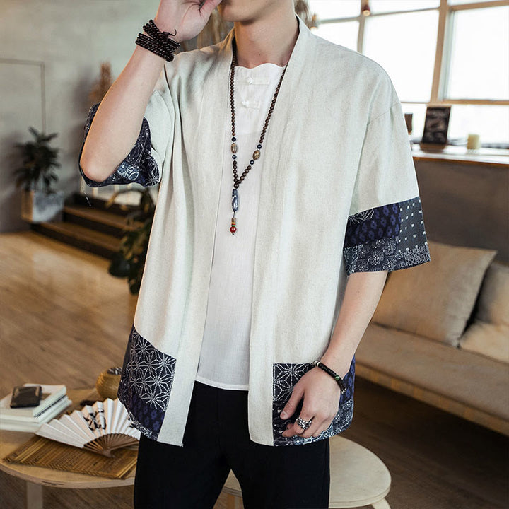 Buddha Stones Ethnic Printing Patchwork Half Sleeve Open Front Jacket Cotton Linen Men's Kimono - image 15