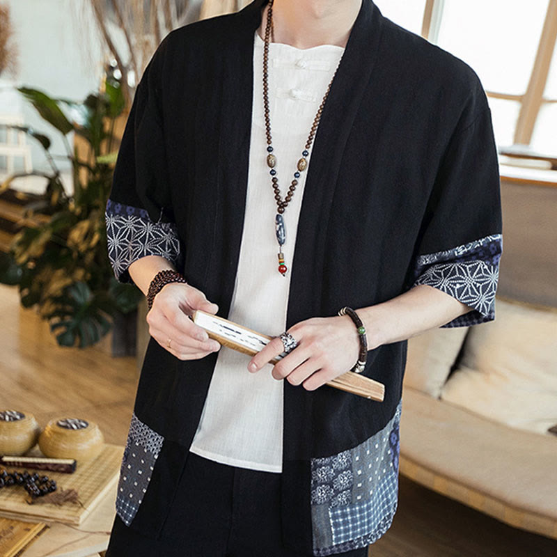 Buddha Stones Ethnic Printing Patchwork Half Sleeve Open Front Jacket Cotton Linen Men's Kimono - Black - US/UK/AU46，EU56 (5XL) - image 0