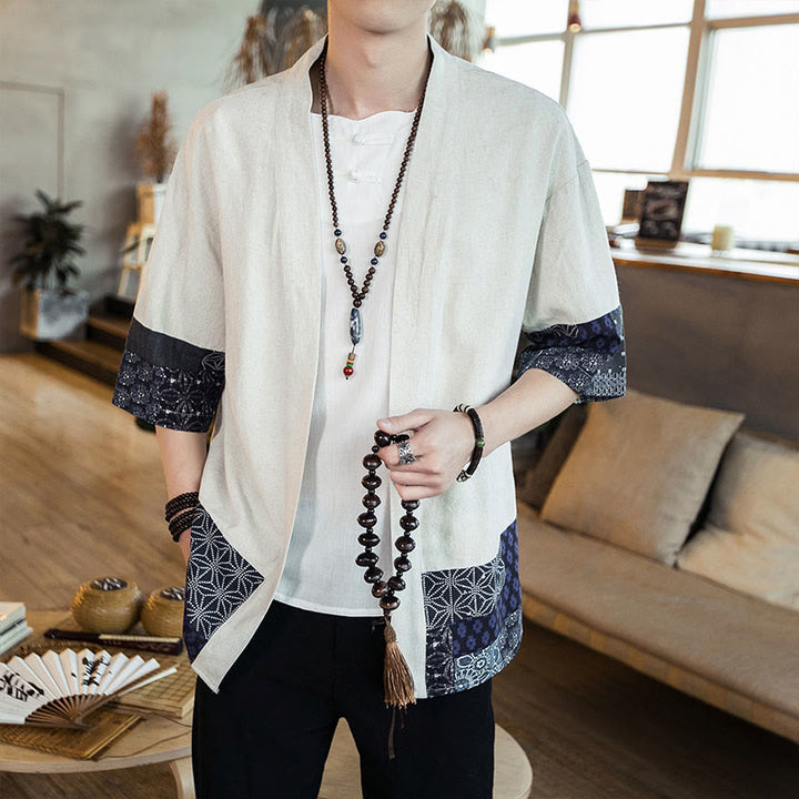 Buddha Stones Ethnic Printing Patchwork Half Sleeve Open Front Jacket Cotton Linen Men's Kimono - Linen - US/UK/AU46，EU56 (5XL) - image 9