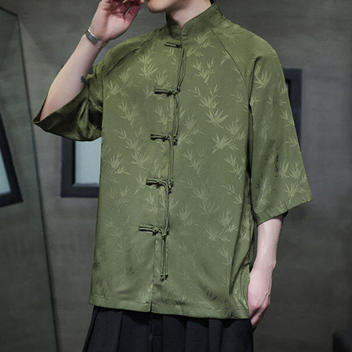 Buddha Stones Jacquard Bamboo Three Quarter Sleeve Frog-Button Tang Suit Men's Cotton Shirt - image 18