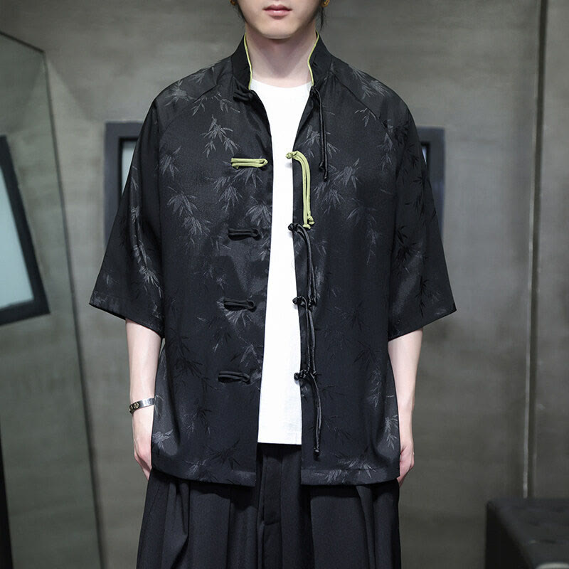 Buddha Stones Jacquard Bamboo Three Quarter Sleeve Frog-Button Tang Suit Men's Cotton Shirt - Black - US/UK/AU46，EU56 (5XL) - image 0
