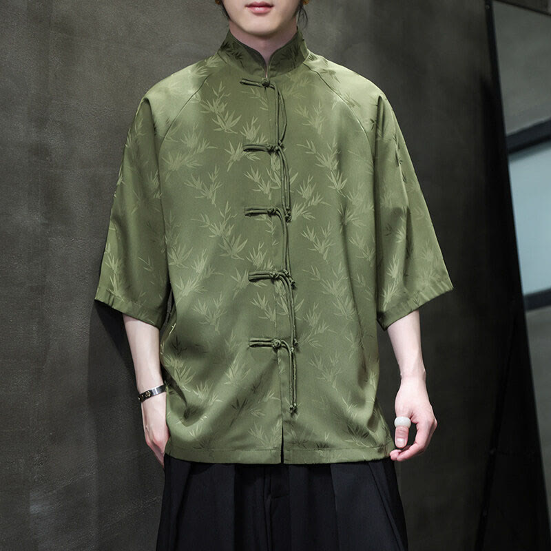Buddha Stones Jacquard Bamboo Three Quarter Sleeve Frog-Button Tang Suit Men's Cotton Shirt - OliveDrab - US/UK/AU46，EU56 (5XL) - image 17