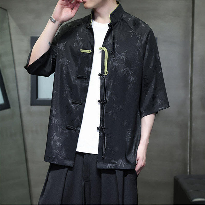 Buddha Stones Jacquard Bamboo Three Quarter Sleeve Frog-Button Tang Suit Men's Cotton Shirt - image 1